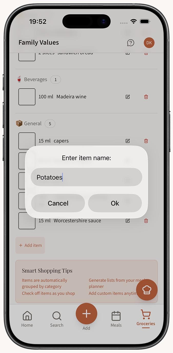 显示名称、数量和单位字段的“添加商品”表单，下方有一个刚添加的商品