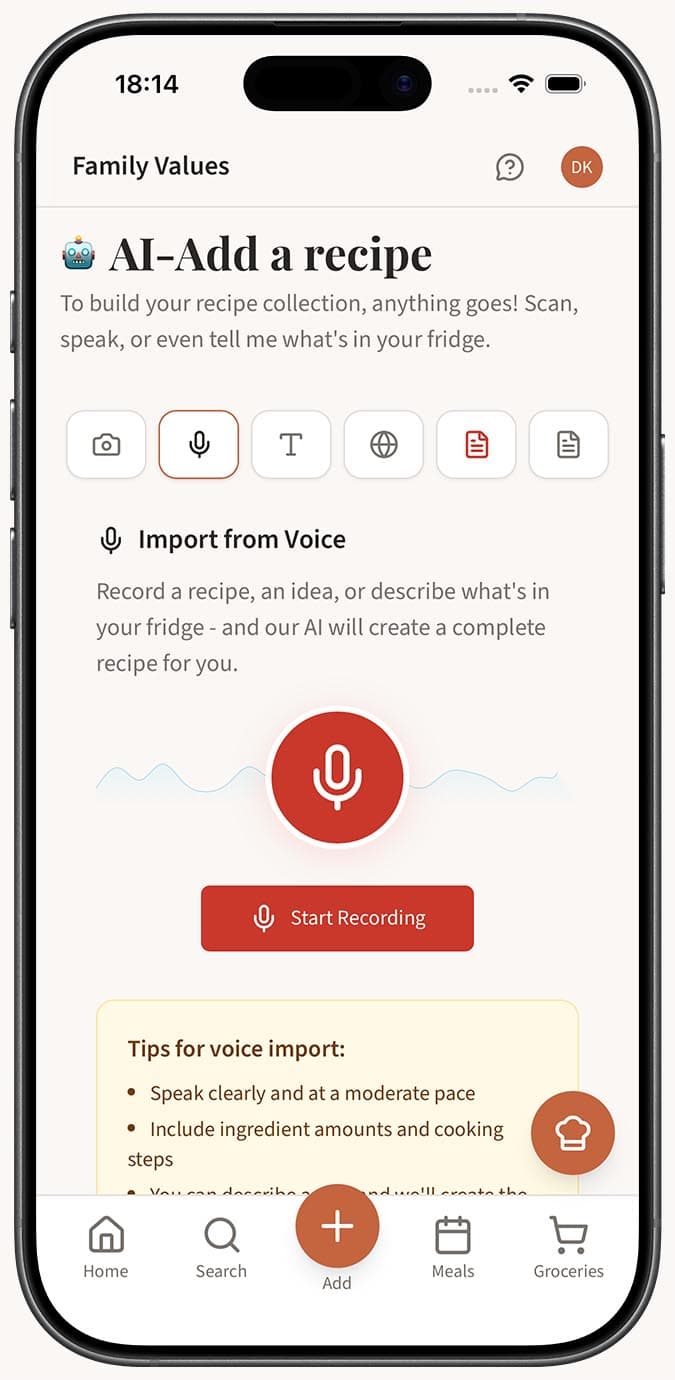 Der Reiter „Voice“ mit der roten Aufnahmetaste, bereit zum Erfassen deines Rezepts