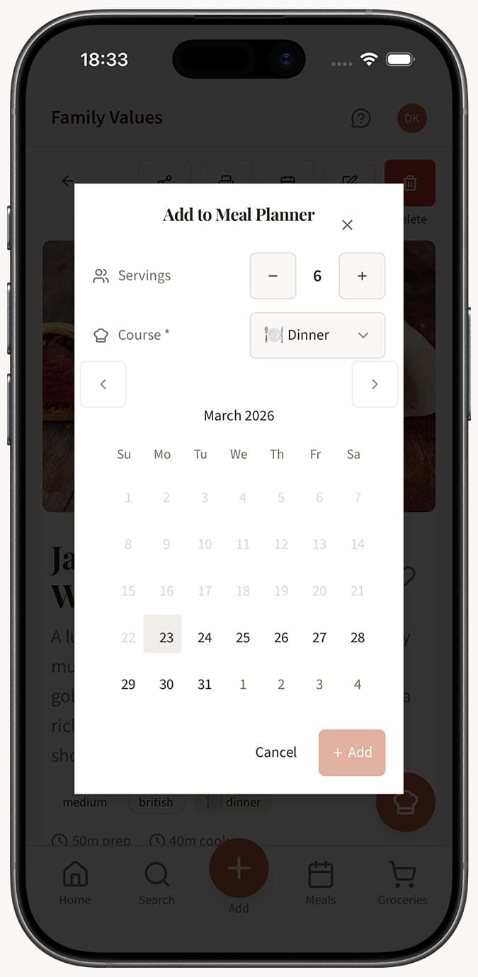 A popover showing date selector, course selector, and servings adjuster for adding a recipe