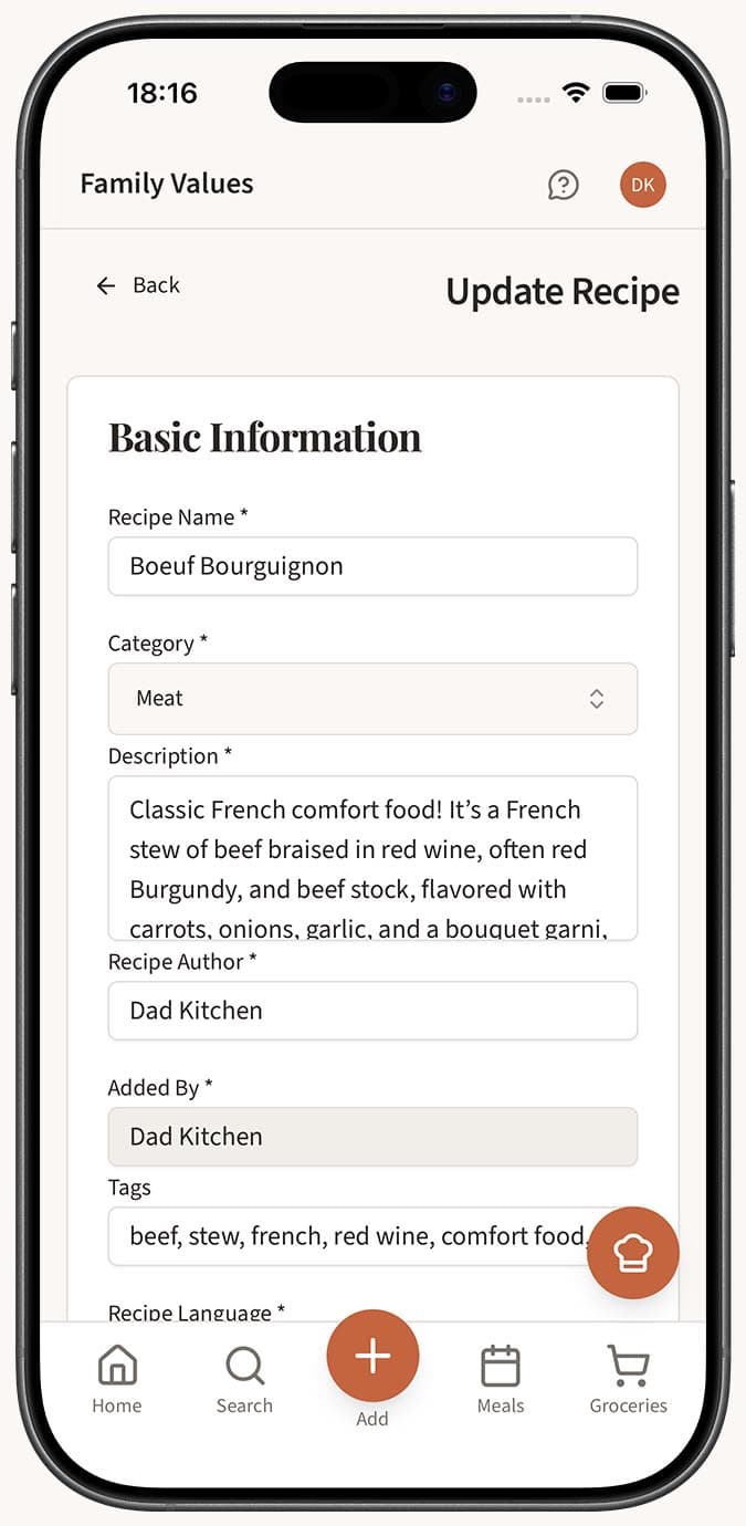 An imported recipe in the editor where you can verify and correct any AI-extracted fields