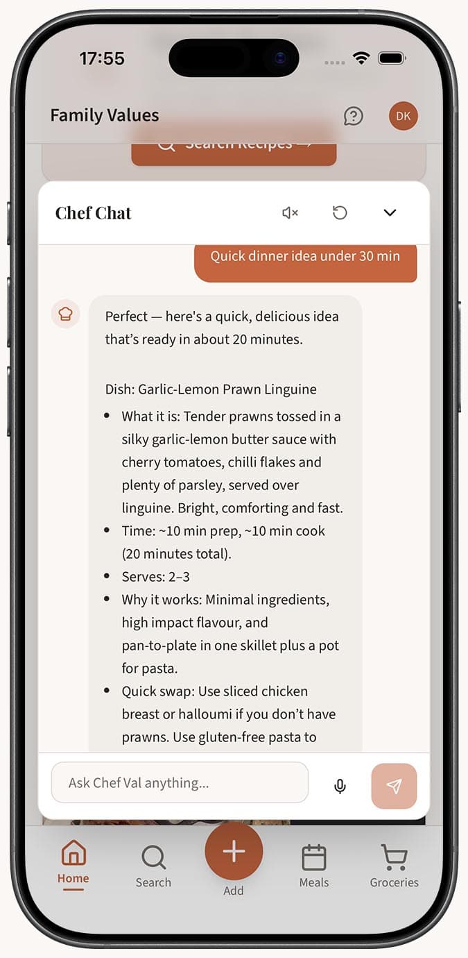 Chef Val responding with a complete recipe suggestion including ingredients and instructions