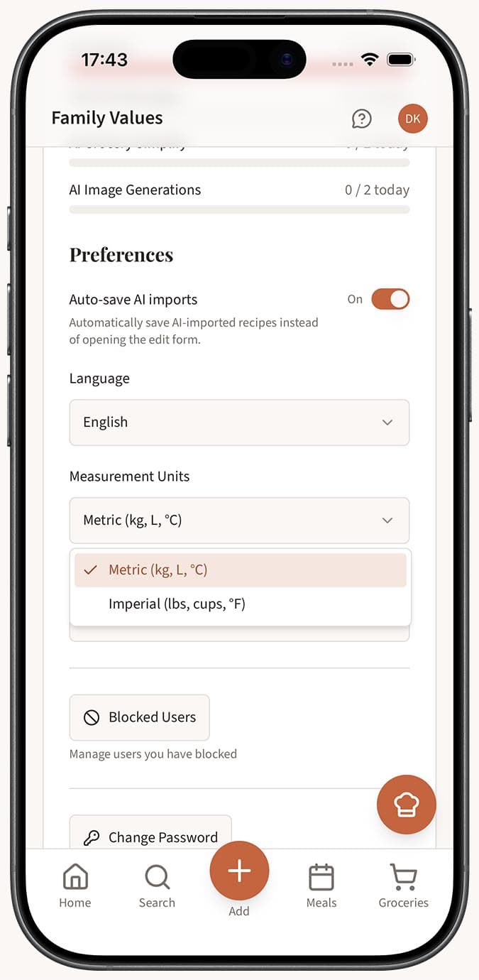 The Settings page showing the measurement units and temperature preference toggles
