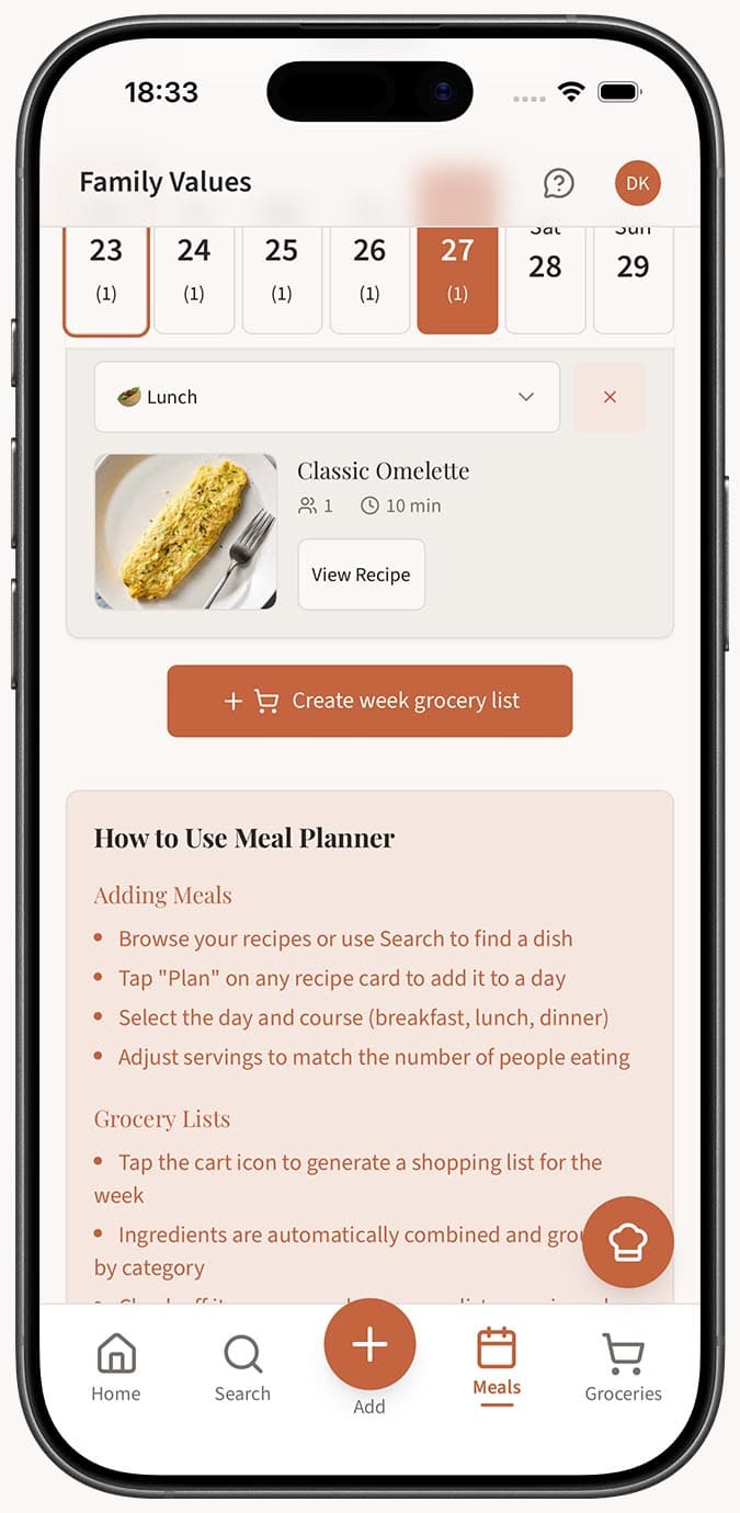 A meal card with the X icon highlighted, ready to be removed from the plan
