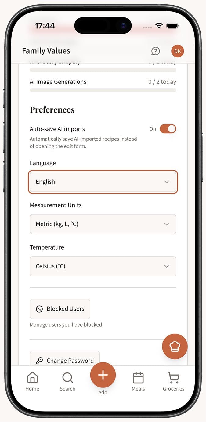 The Settings page with the preferred language dropdown expanded showing all 7 language options