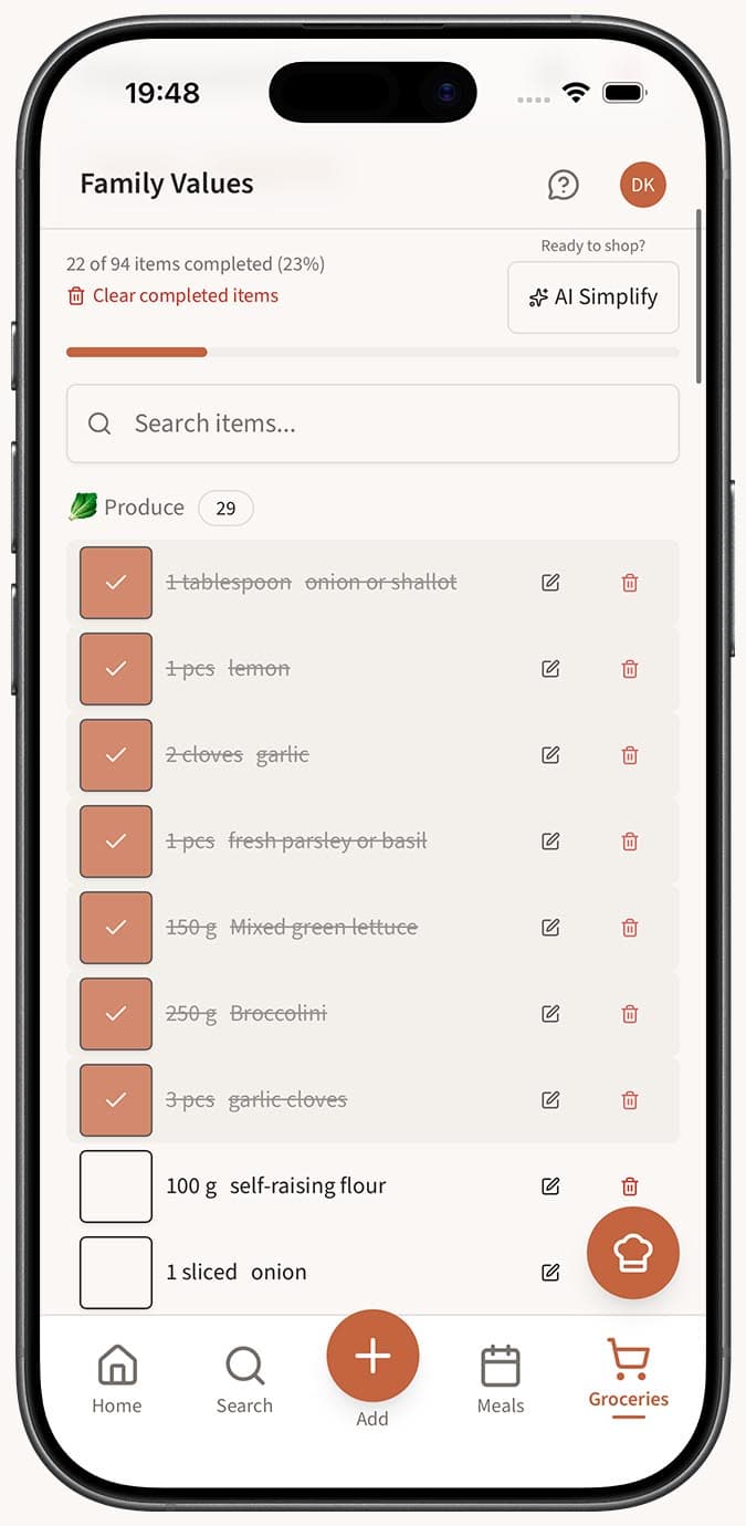 A shopping list with some items checked off showing strikethrough text and a progress bar at 60%