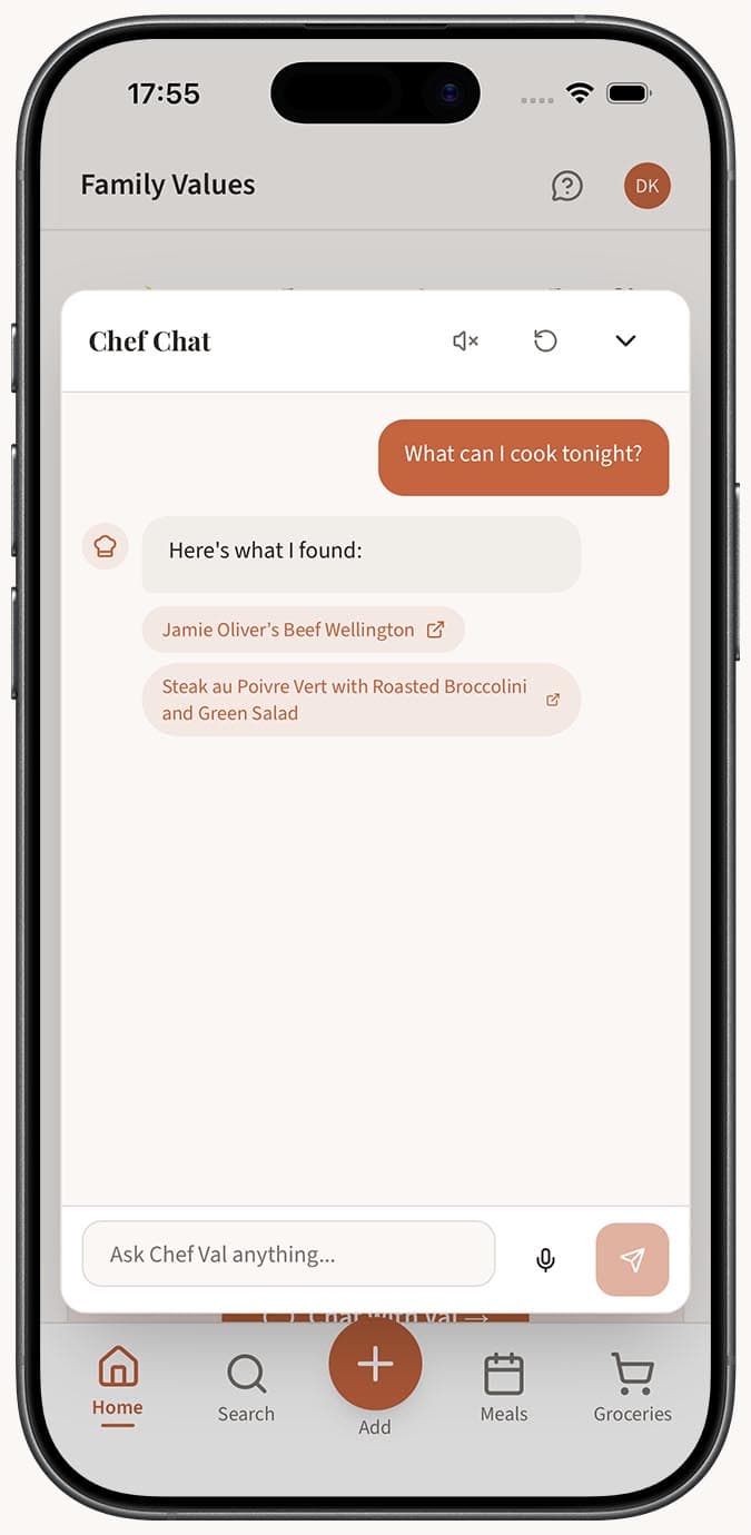 Chef Val referencing saved recipe names from the user's collection to suggest dinner options