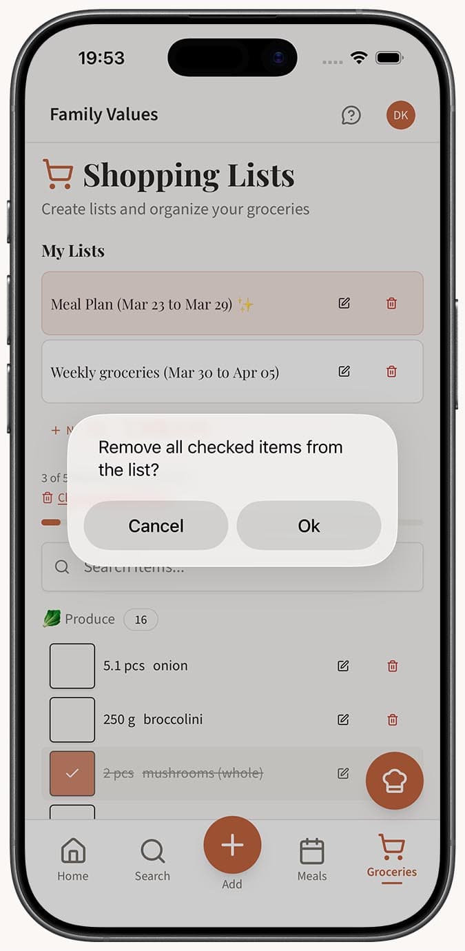 Диалог подтверждения с вопросом, нужно ли очистить все выполненные пункты из списка покупок