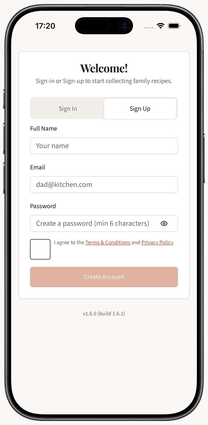 The Family Values auth page showing the Sign Up tab selected with name, email, and password fields