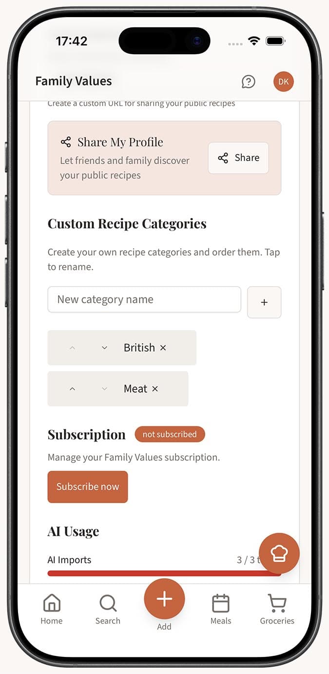 The Settings page showing the categories section with the add category input and existing categories