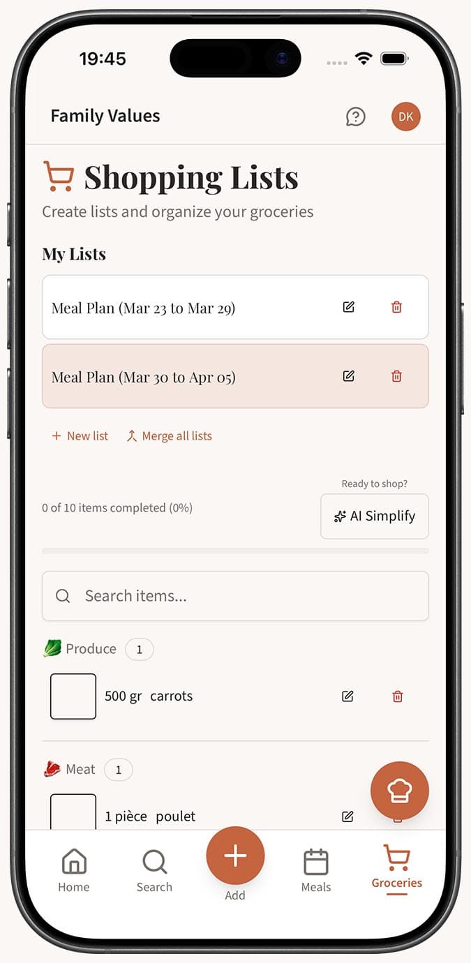 The shopping lists page with the sidebar showing multiple lists and the New list button