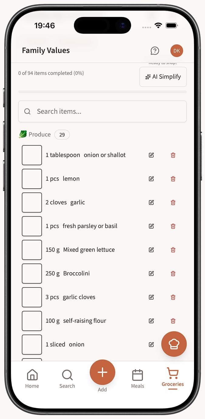 A shopping list open in the main panel with items grouped by category and a progress bar