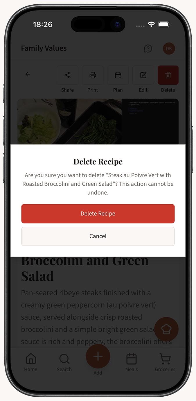 Der Bestätigungsdialog zum Löschen, in dem der Nutzer das Löschen des Rezepts bestätigen soll