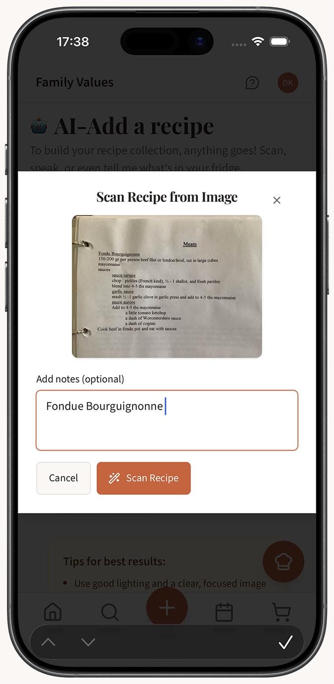 A handwritten recipe card being uploaded to the Image tab of the Magic AI Importer