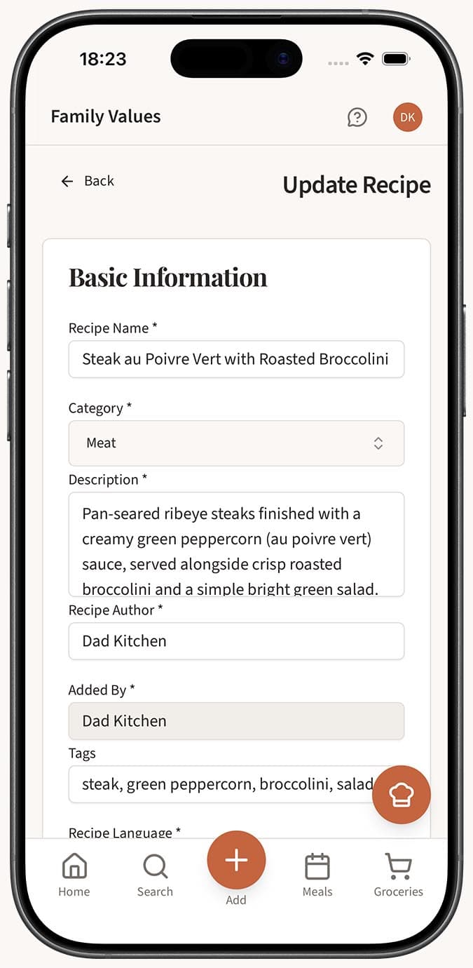 The recipe editor showing all editable fields for an imported recipe