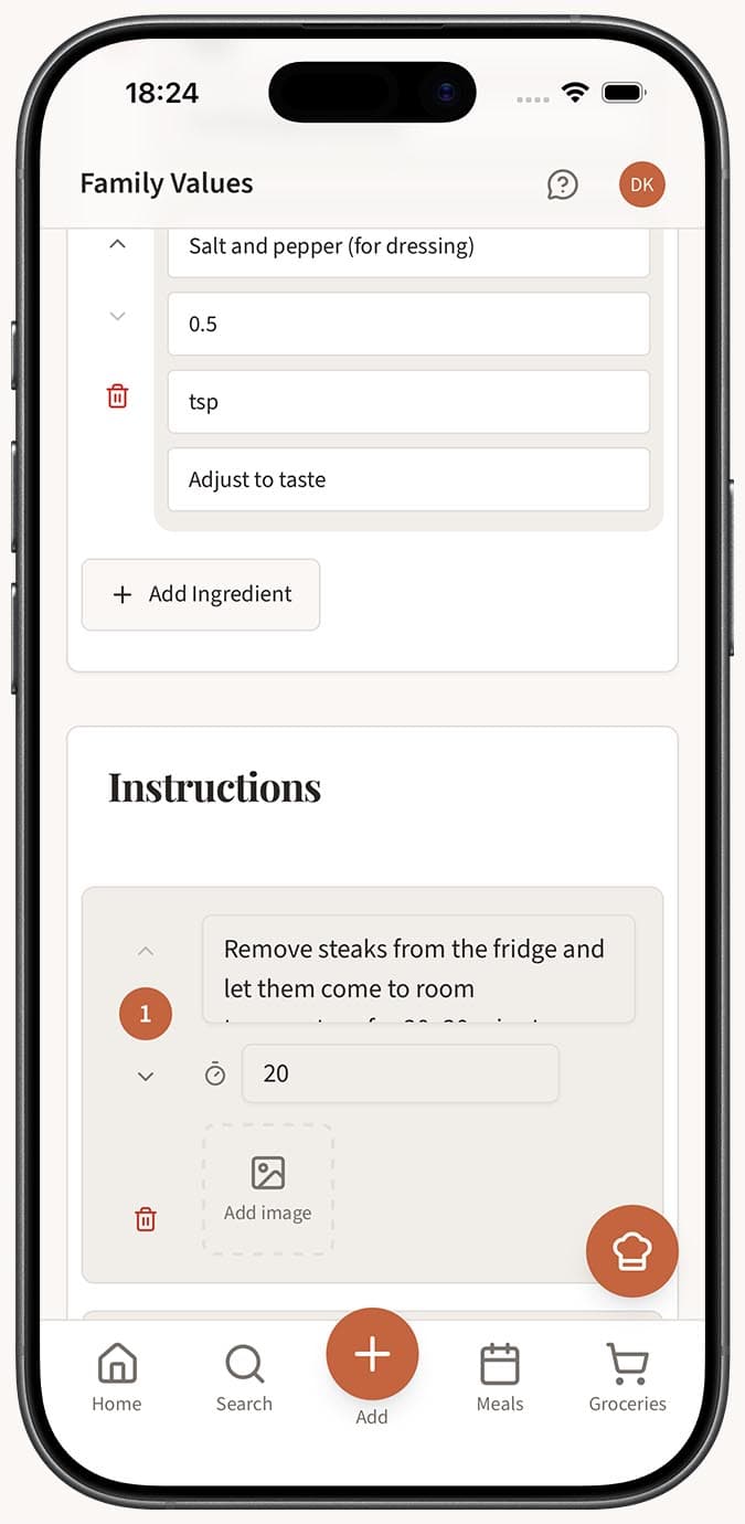 The ingredients and instructions sections of the editor with drag-and-drop reordering