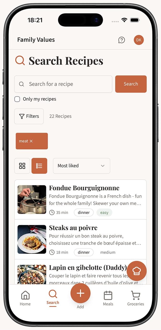 Search results showing public recipes from other users