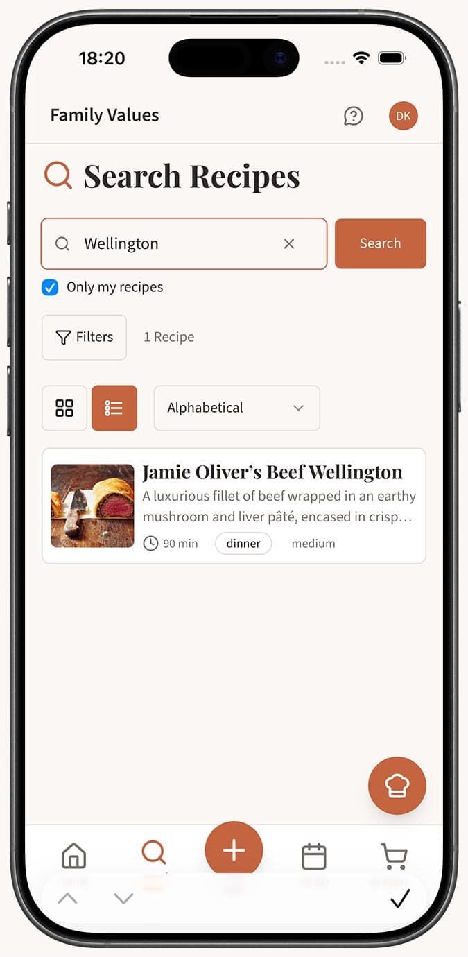 Результаты поиска конкретного рецепта с включённым флажком «Только мои рецепты»