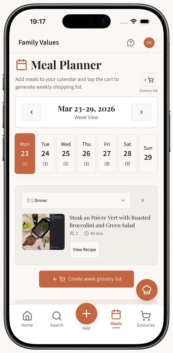 A completed weekly meal plan with recipes assigned to multiple days