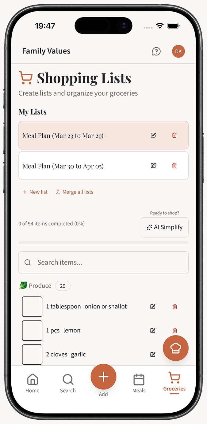 A generated grocery list named "Meal Plan (Mar 17 to Mar 23)" with categorized items