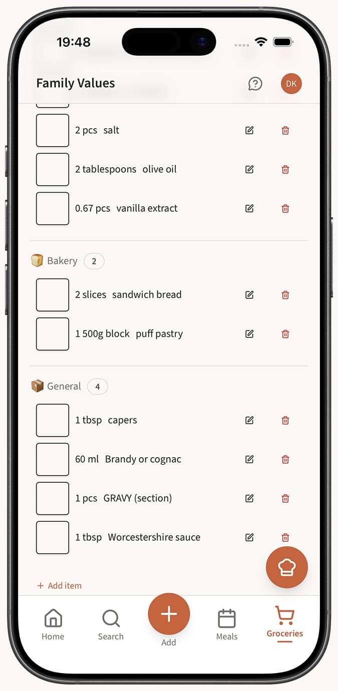 A generated grocery list showing items grouped into categories like Produce, Dairy, and Pantry