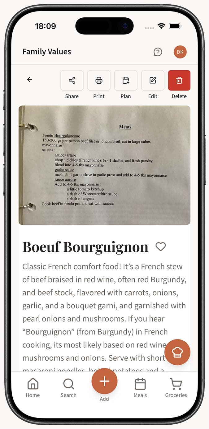 A cookbook recipe successfully imported showing the extracted title, ingredients, and cooking steps