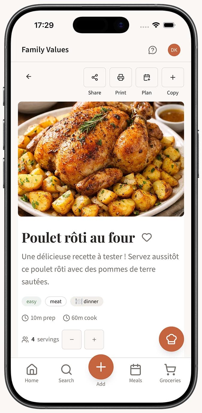 Ein Rezept von einer französischen Website importieren, wobei die AI erfolgreich Zutaten und Anweisungen auf Französisch extrahiert