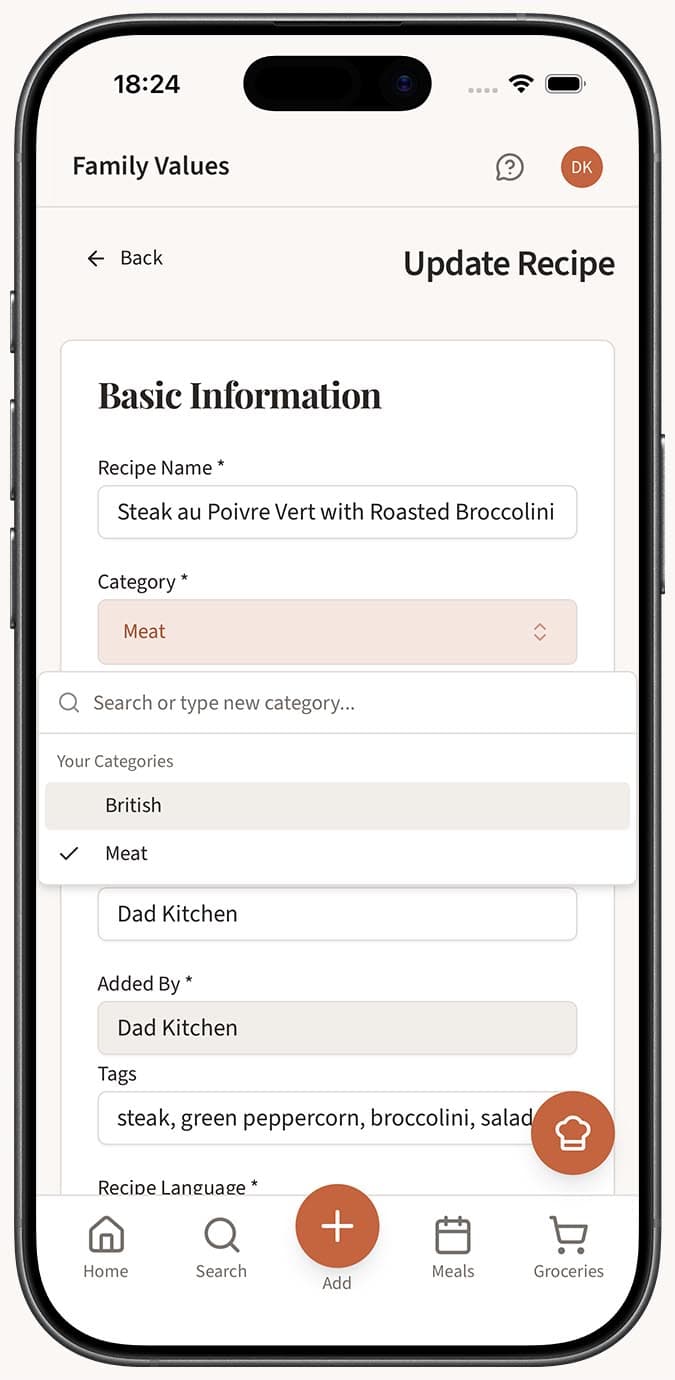 The category dropdown in the recipe editor showing custom categories