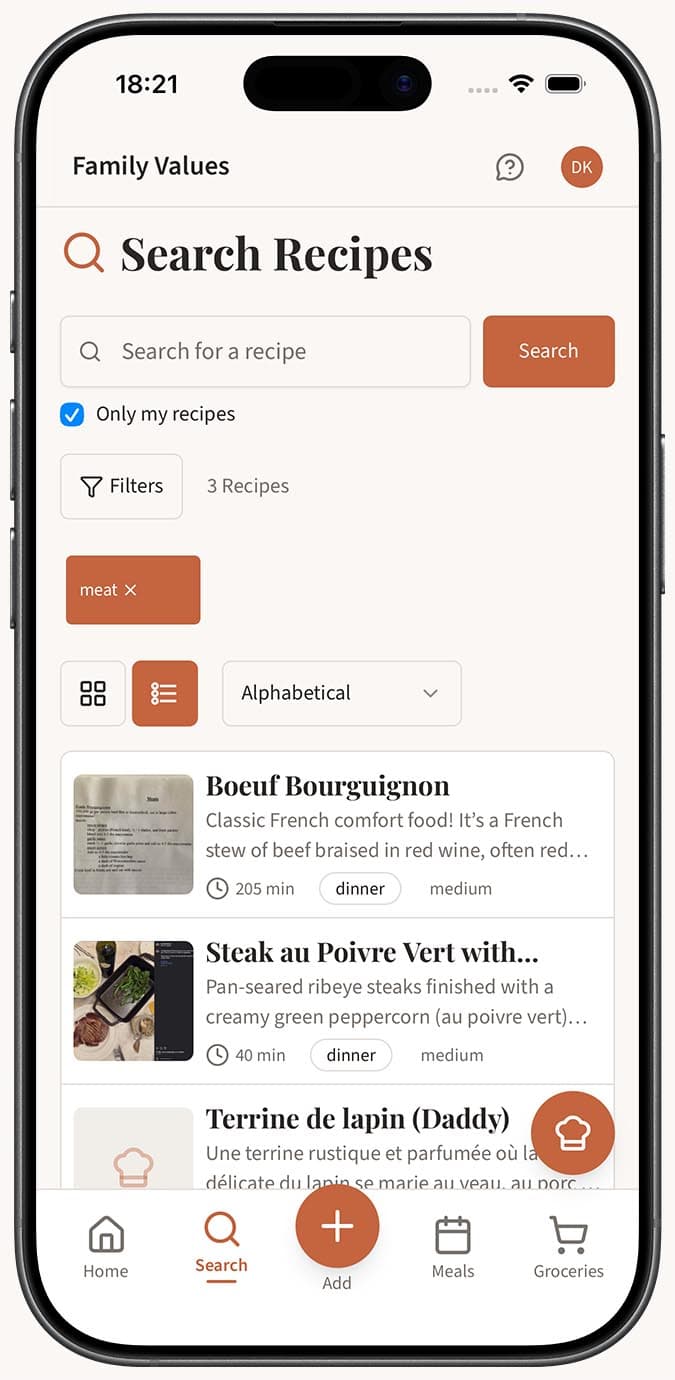 The search page filtered by a specific category showing matching recipes