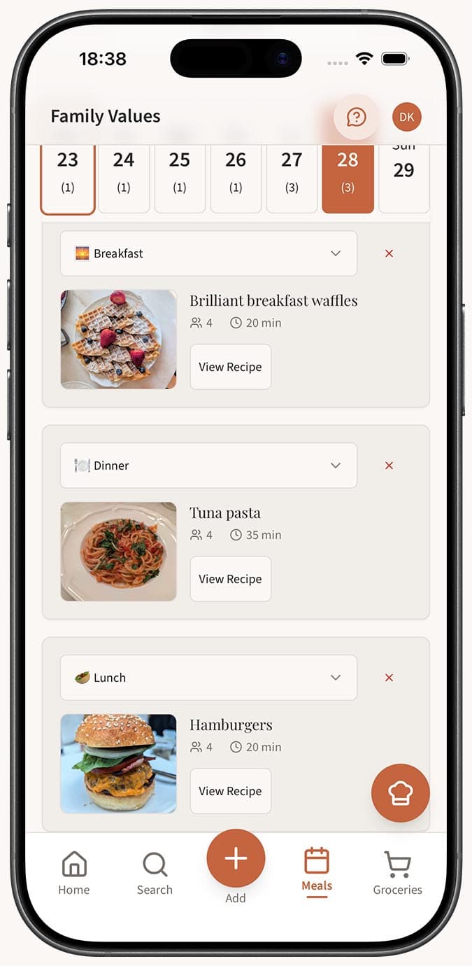 A filled-out weekly meal plan with servings adjusted for a family