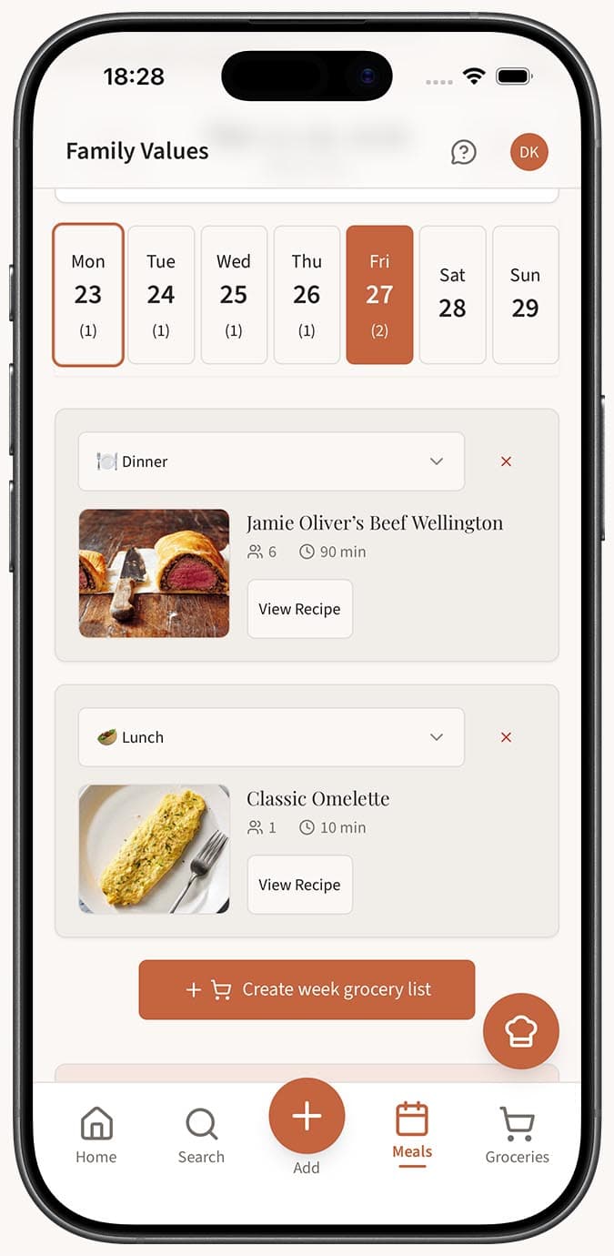 The weekly meal calendar showing day slots organized by breakfast, lunch, and dinner