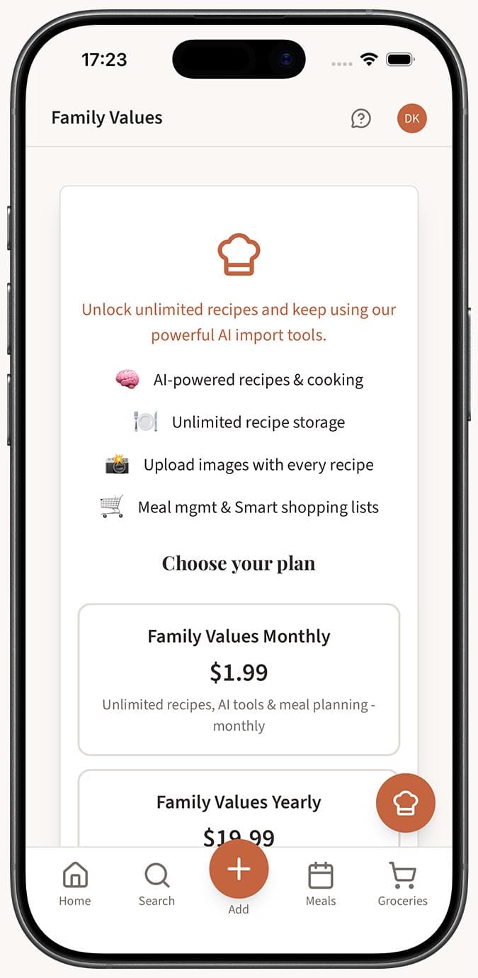 The upgrade page showing free tier features alongside premium subscription benefits