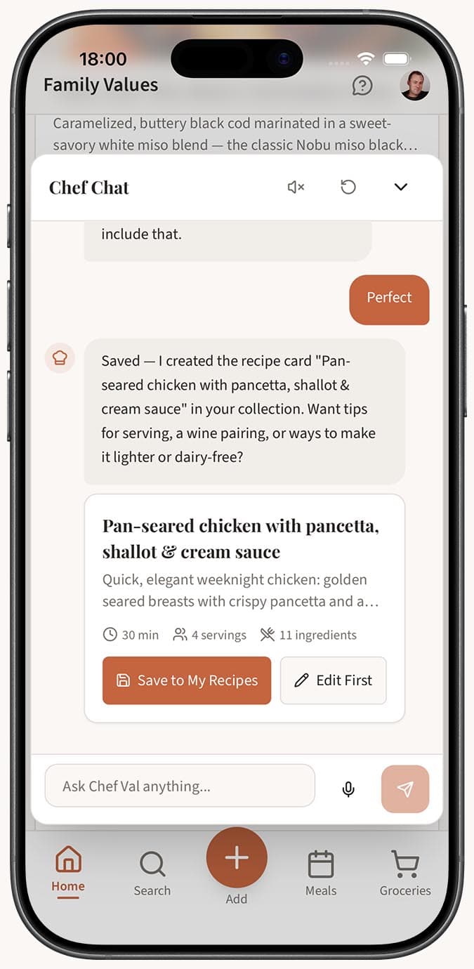 The Save Recipe button appearing below a Chef Val recipe response in the chat