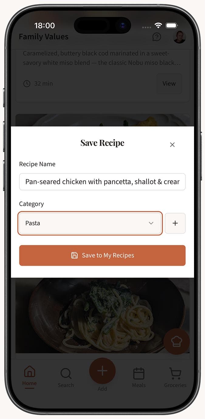 The save dialog showing fields for recipe name, category, and public/private visibility