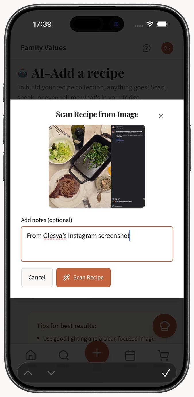 A screenshot of an Instagram recipe post being uploaded to the Image tab