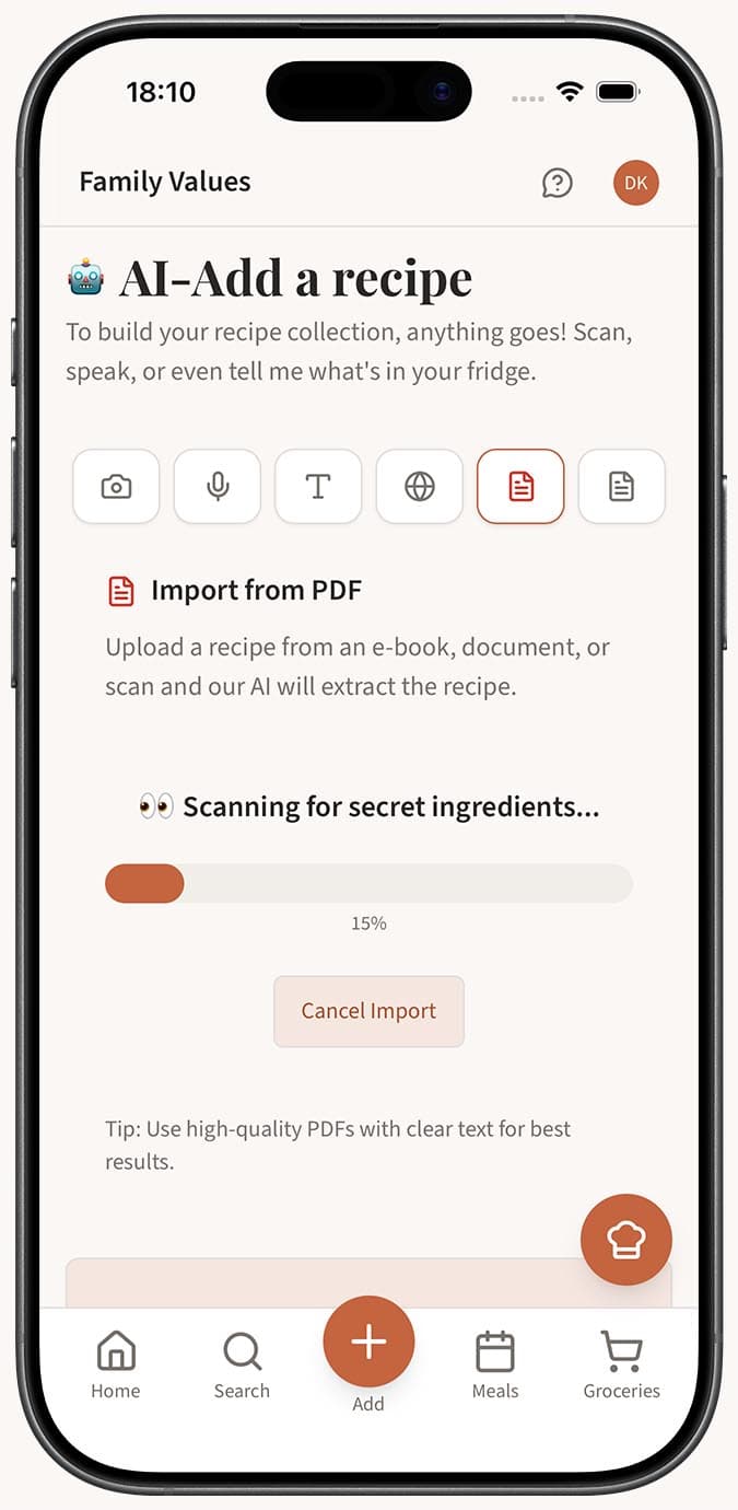 La pestaña PDF en el Magic AI Importer mostrando la zona de carga con arrastrar y soltar
