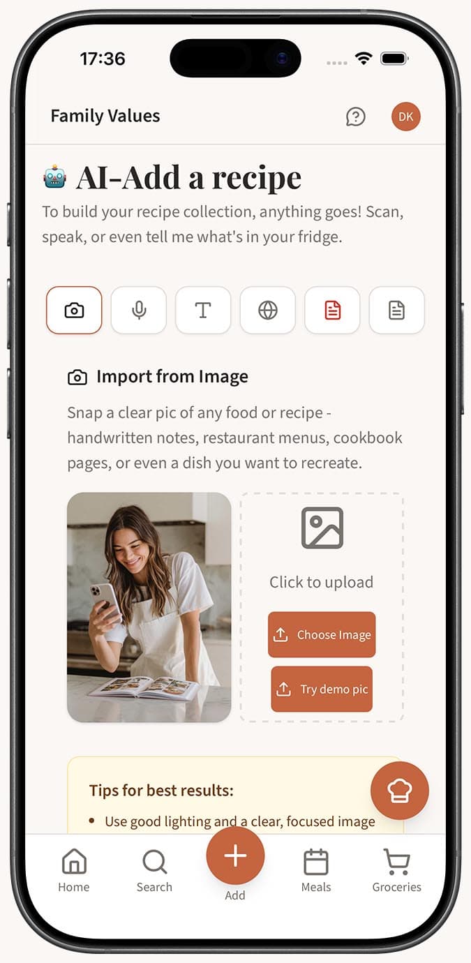 The Image tab showing the upload area where you can drag and drop a recipe photo