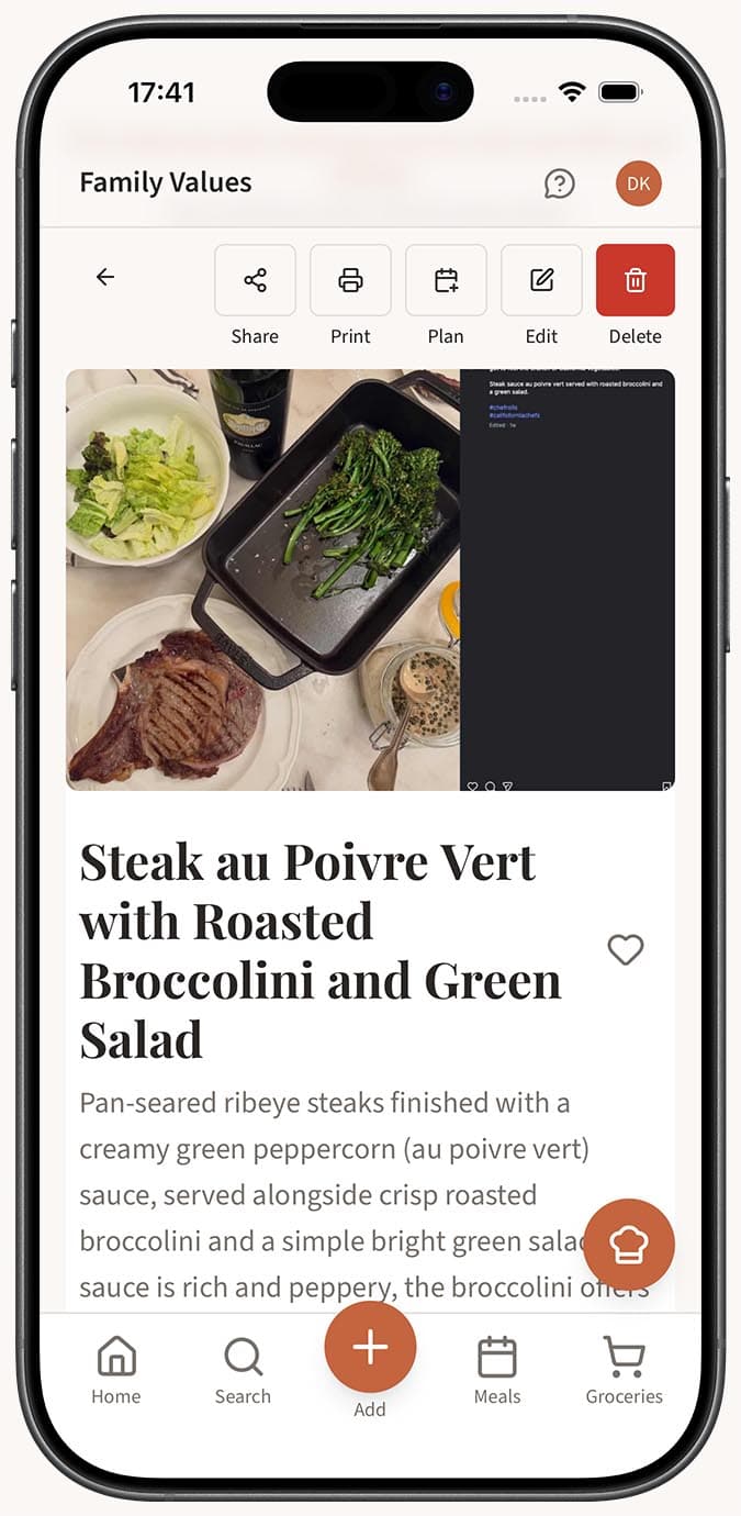 A recipe successfully extracted from a photo, showing the parsed ingredients and steps