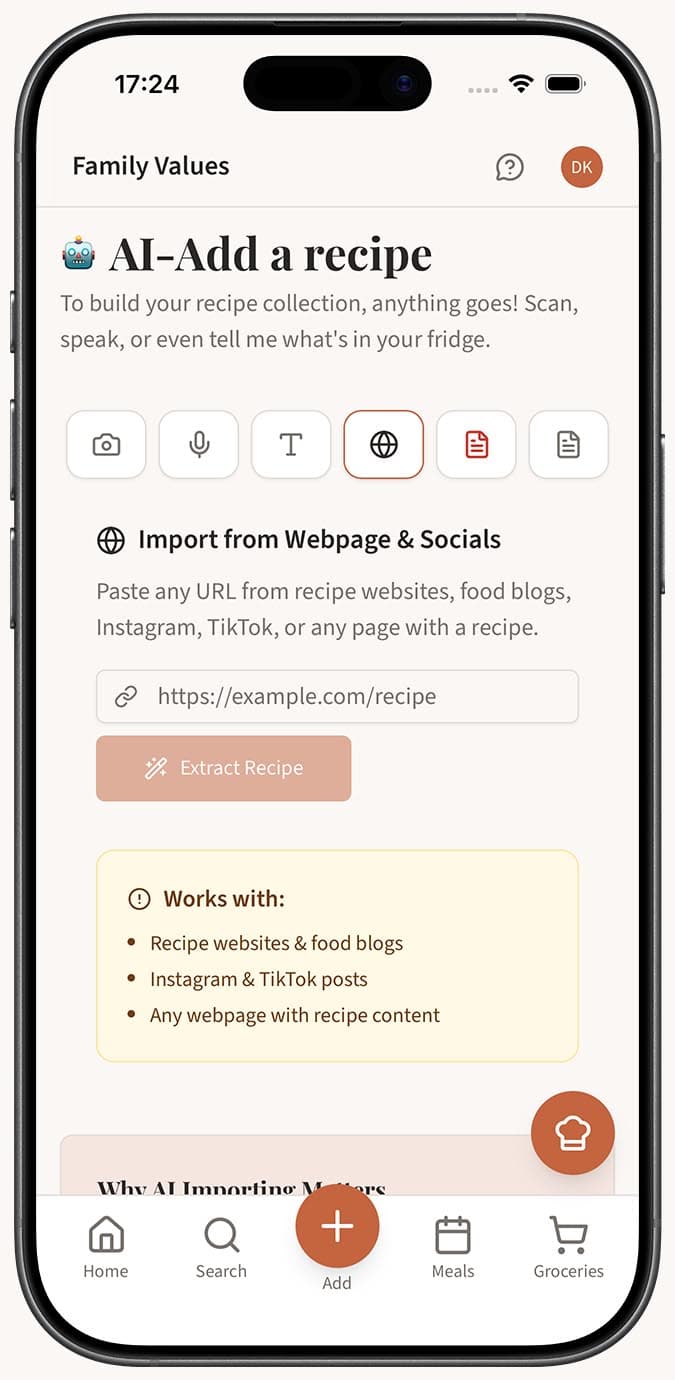 The Webpage tab in the Magic AI Importer showing the URL input field