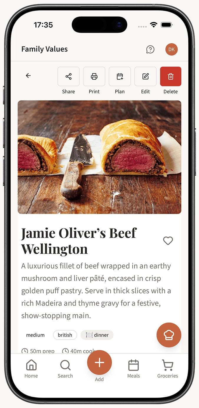 A successfully imported recipe showing extracted title, ingredients, and instructions