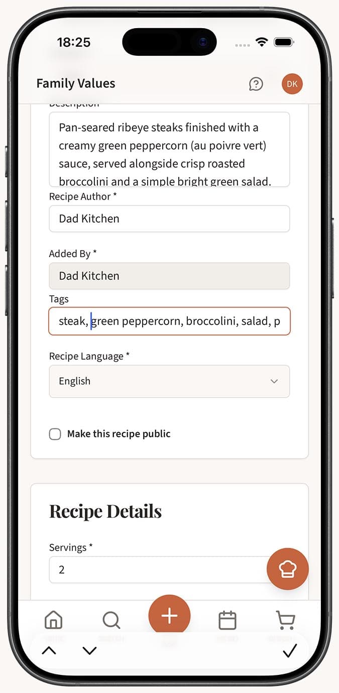 Il campo dei tag nell'editor della ricetta con tag separati da virgole inseriti