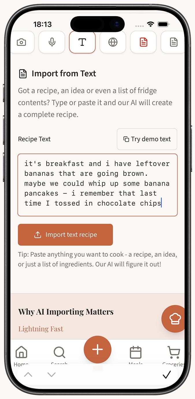 The Text tab with a recipe typed into the text area, ready for AI extraction