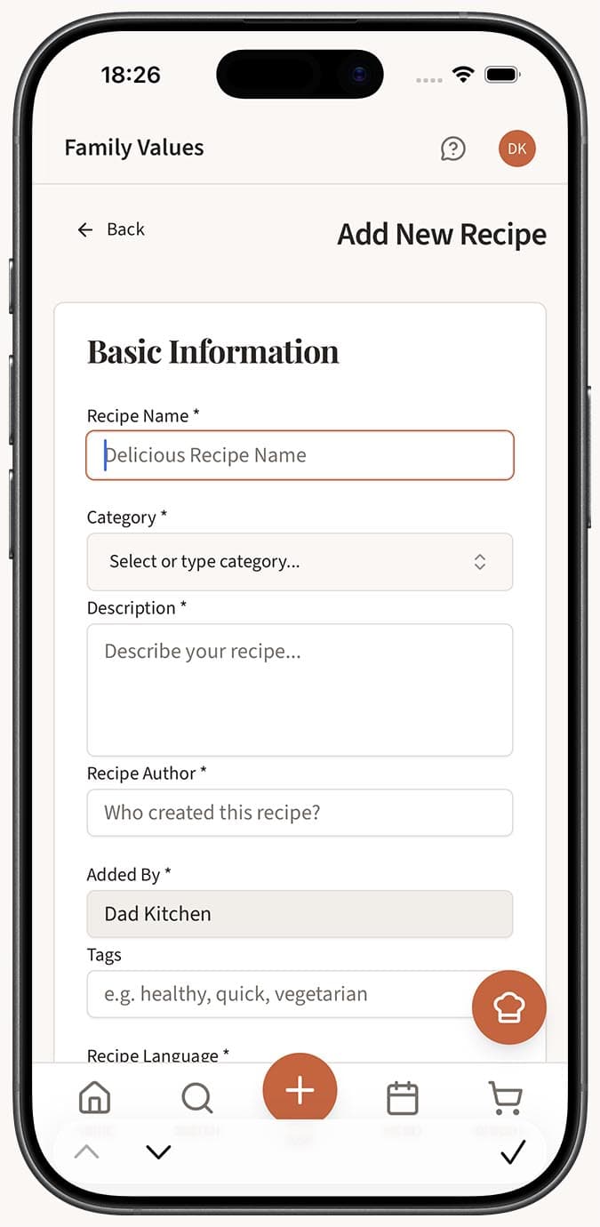The manual recipe editor showing fields for name, description, ingredients, and instructions