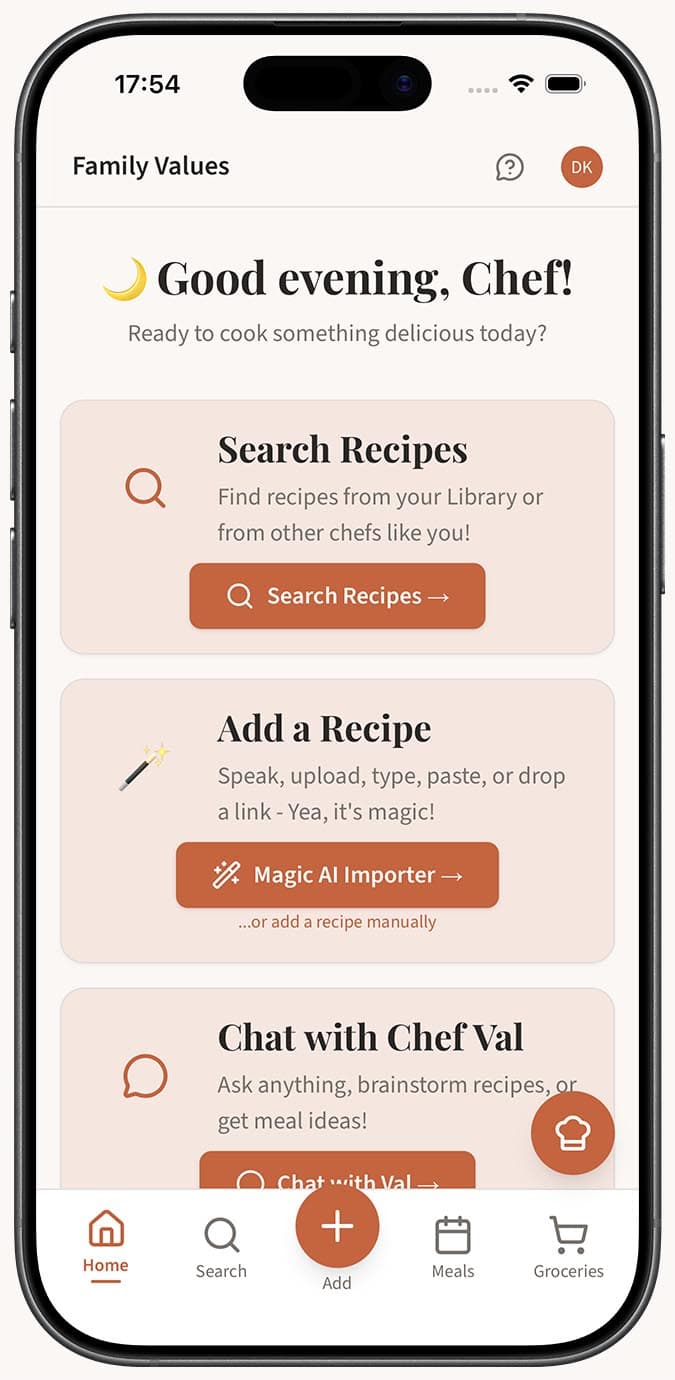 The floating chef hat button visible in the bottom-right corner of the Family Values app