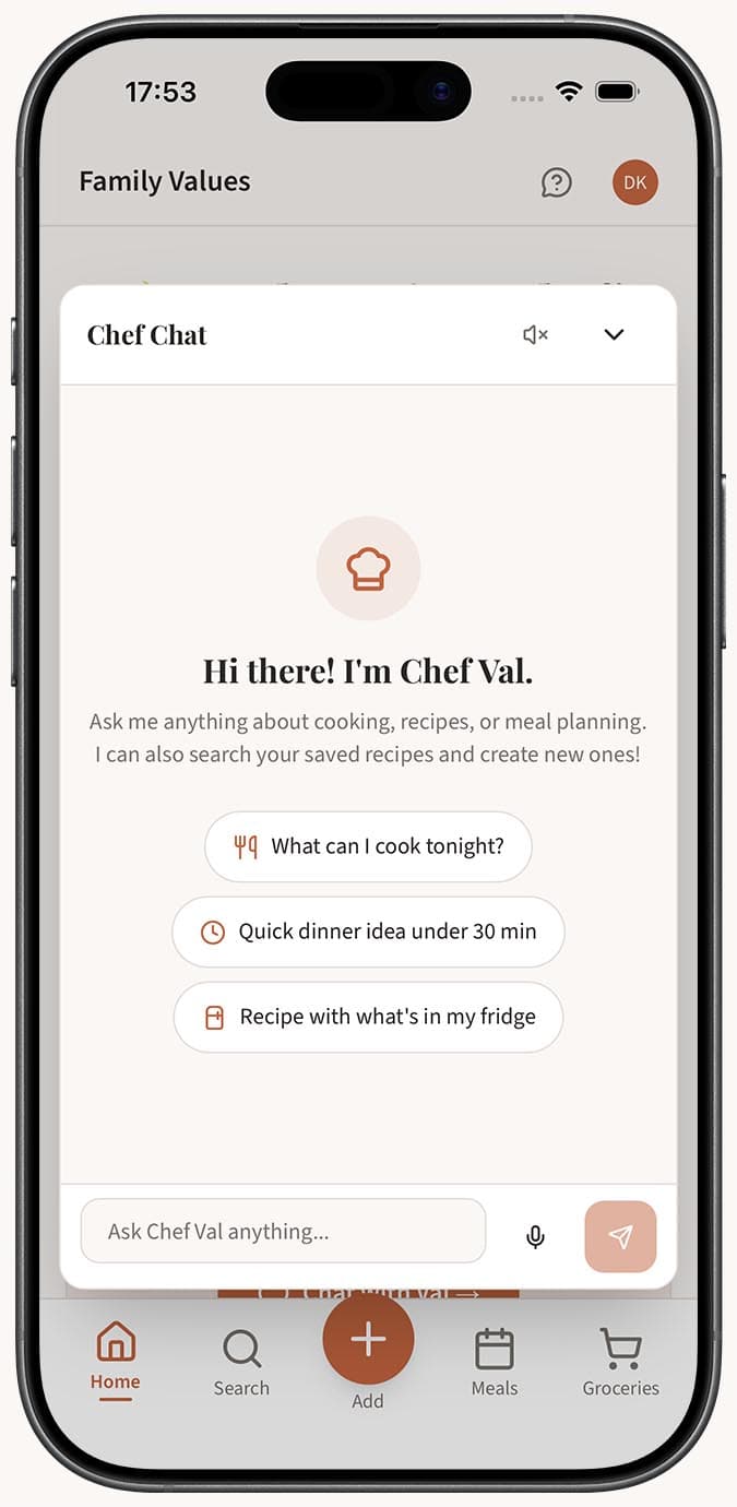 The Chef Chat window showing a conversation with Chef Val, including the TTS toggle and clear chat buttons in the header