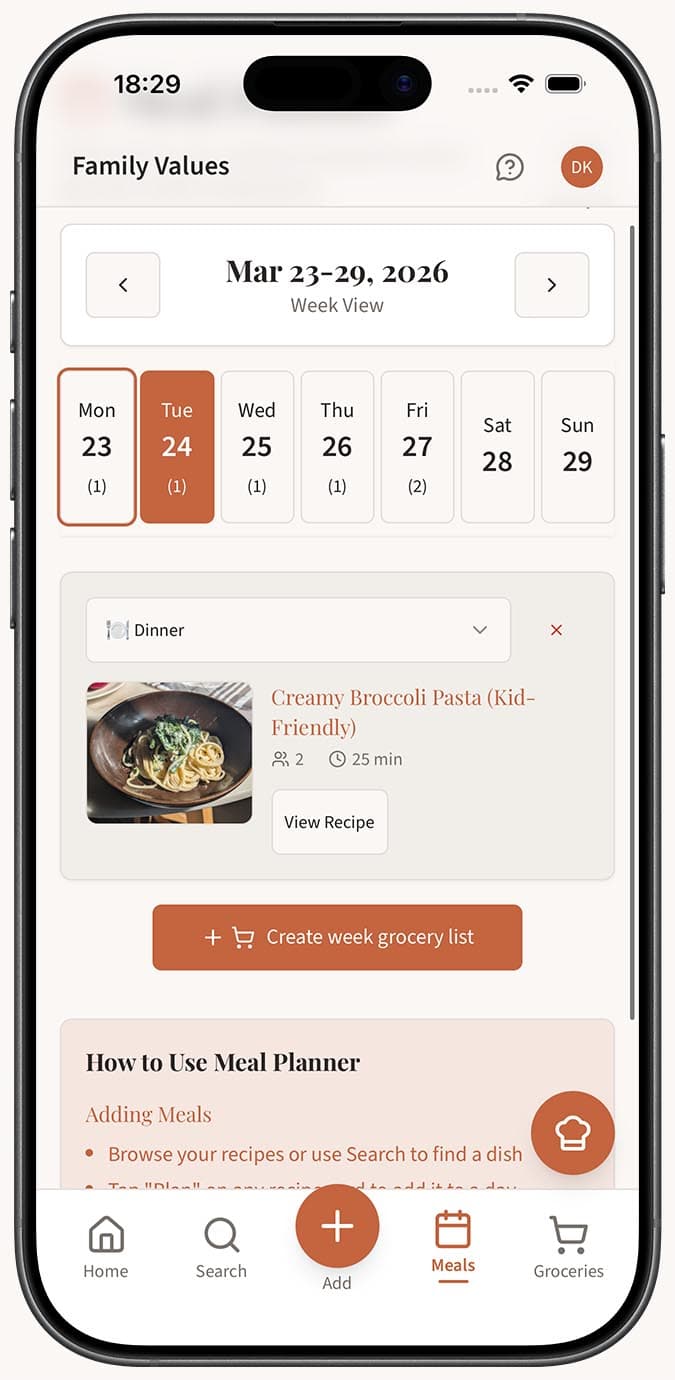 The weekly calendar view showing Monday through Sunday with course slots for each day