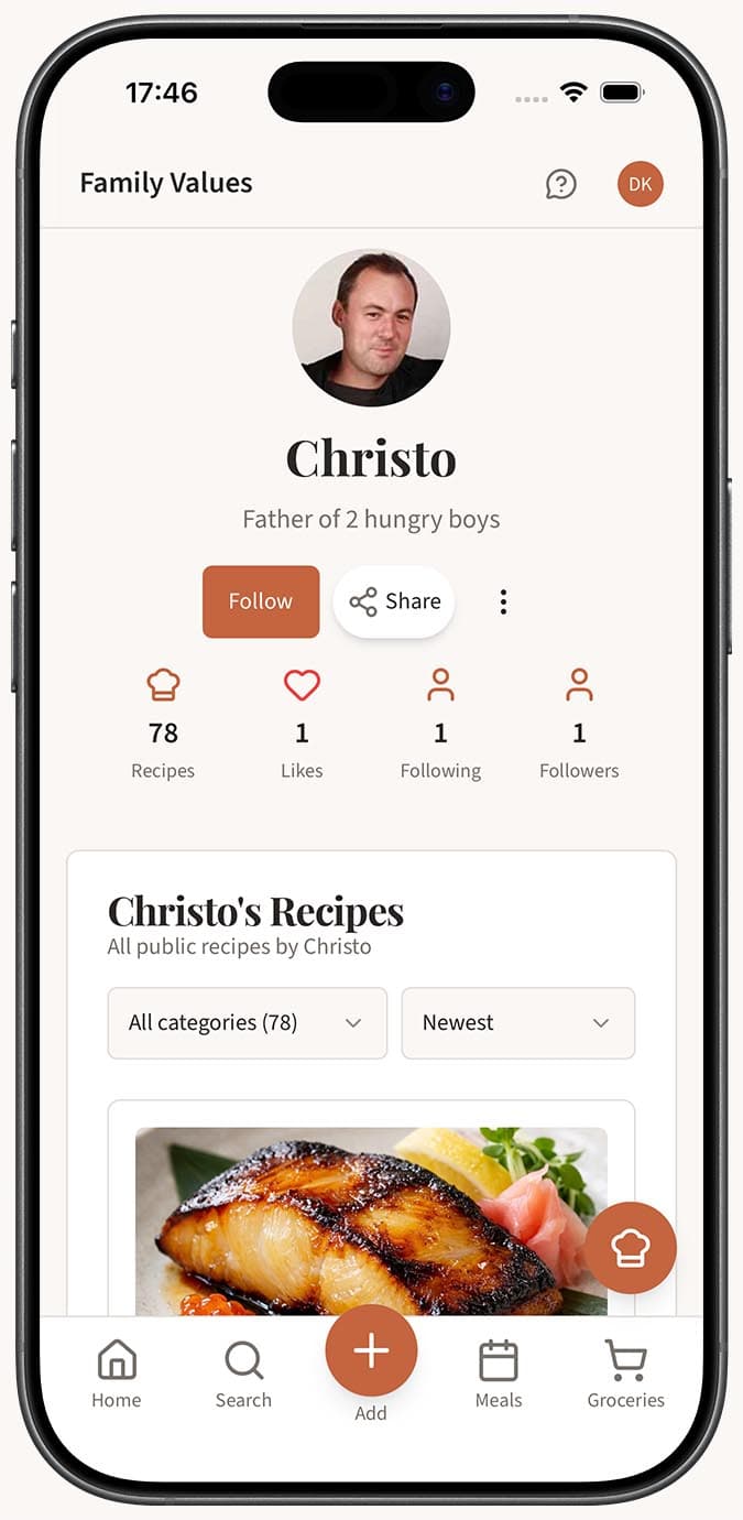 Página de perfil público que muestra nombre, avatar y cuadrícula de recetas