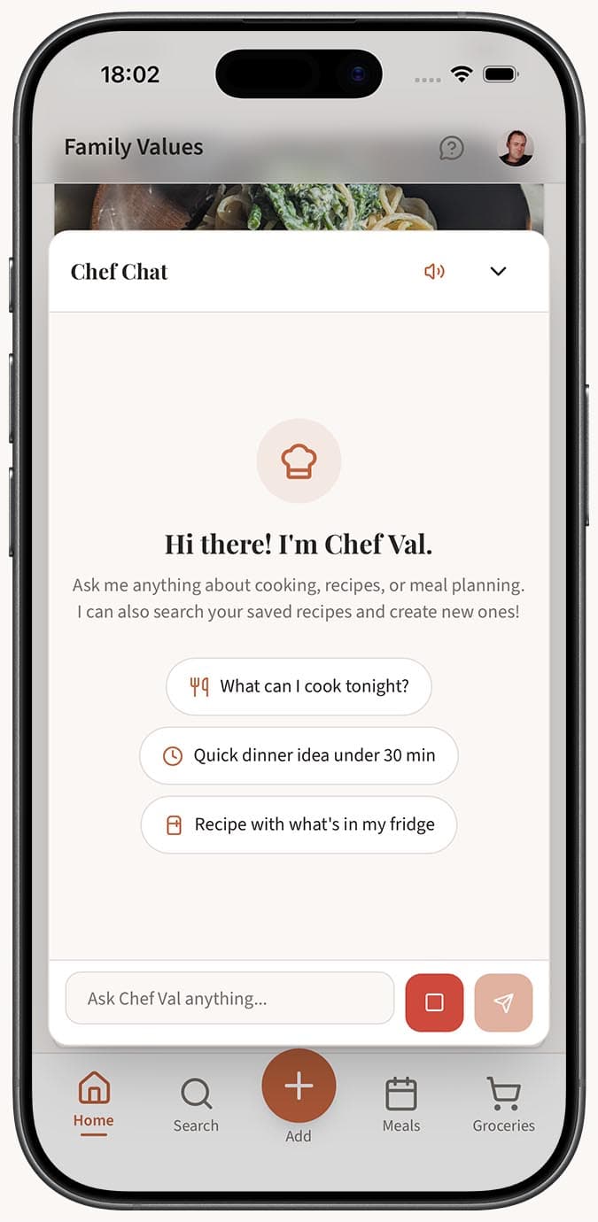 Das Chef Val-Chatfenster mit aktiver Mikrofontaste, das den Aufnahmestatus zeigt