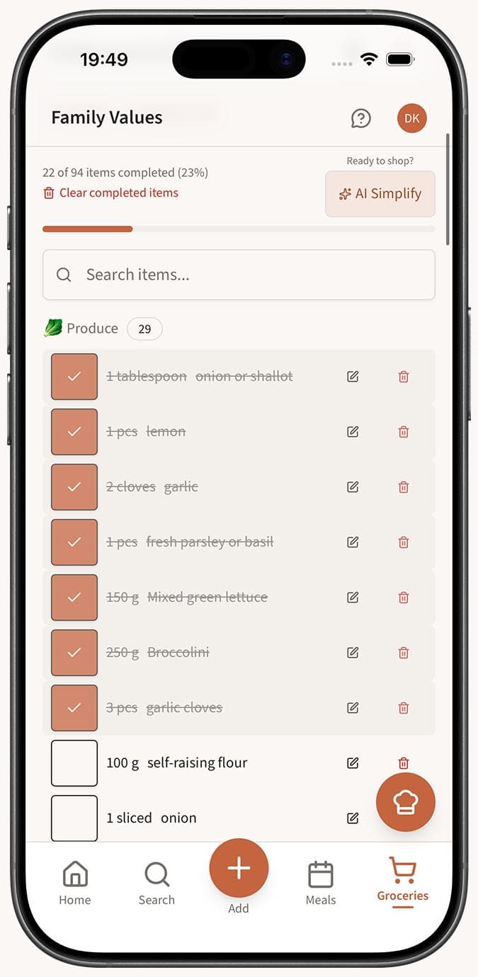A shopping list with the AI Simplify button highlighted in the toolbar