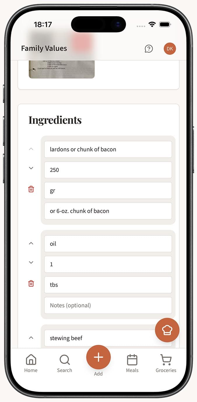 A recipe successfully extracted by the AI showing structured ingredients and instructions