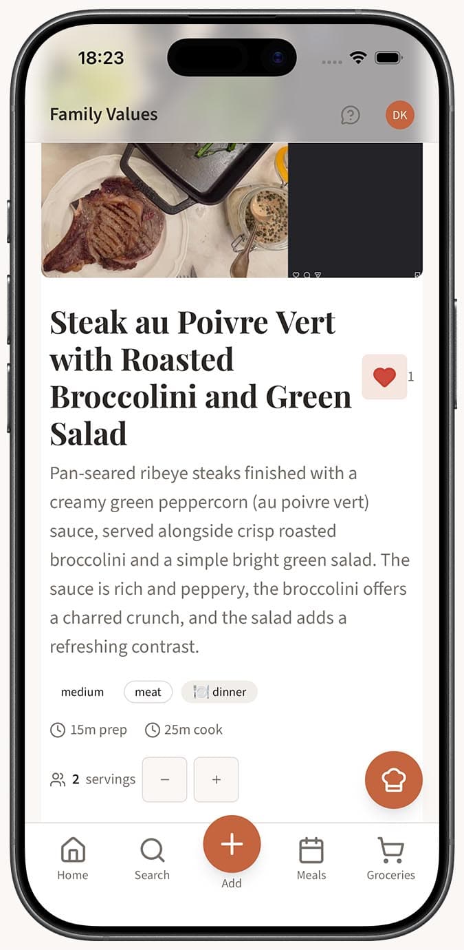 Icona del cuore su una scheda ricetta e nella pagina dei dettagli della ricetta